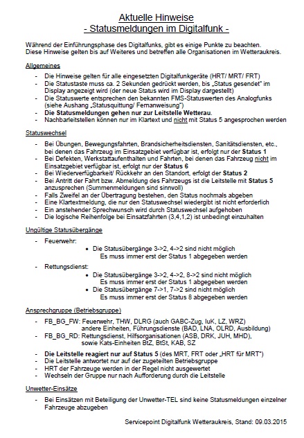 Hinweise zu Statusmeldung